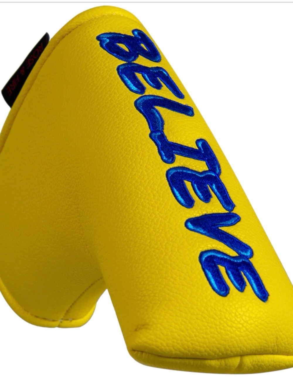 Yellow 'Believe' Putter Headcover with Blue Embroidery